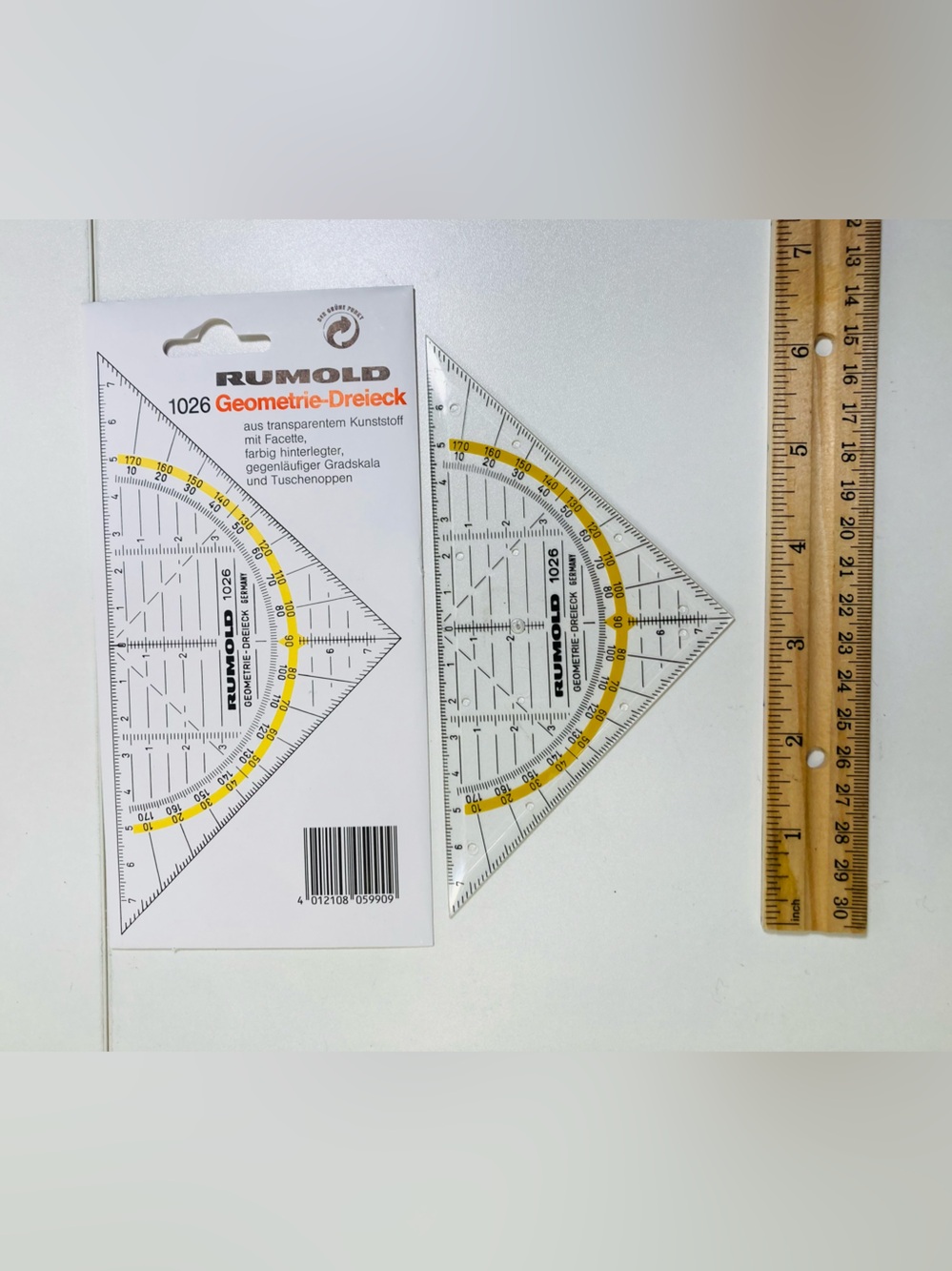 NEW Rumold 1026 Clear Plastic Protractor Triangle with Yellow Accent